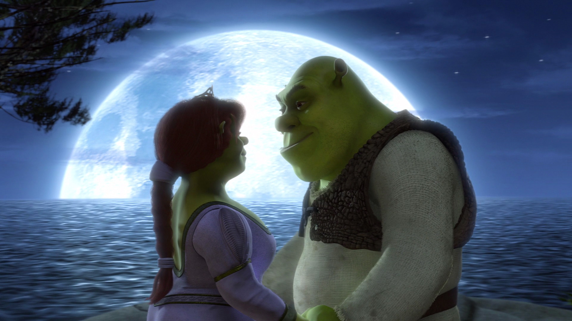 Shrek and Fiona in love amidst a lake under a gigantic moon.